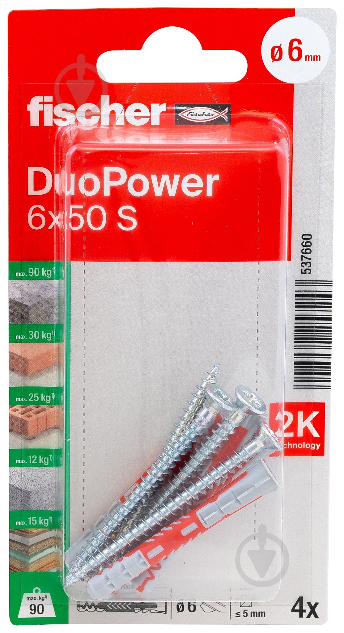 Дюбель універсальний з шурупом DUOPOWER S K NV fischer 6x50 мм 4 шт. (537660) - фото 2