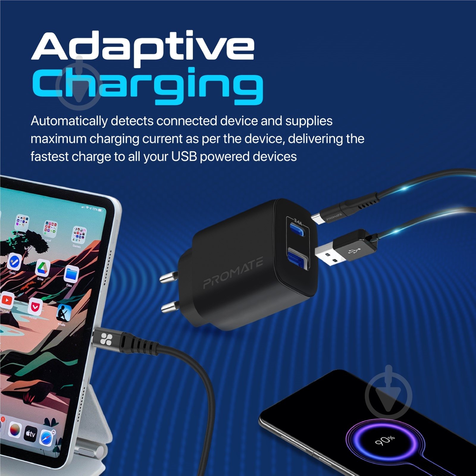 Сетевое зарядное устройство Promate Biplug-2 17 Вт USB-C+USB-A - фото 4