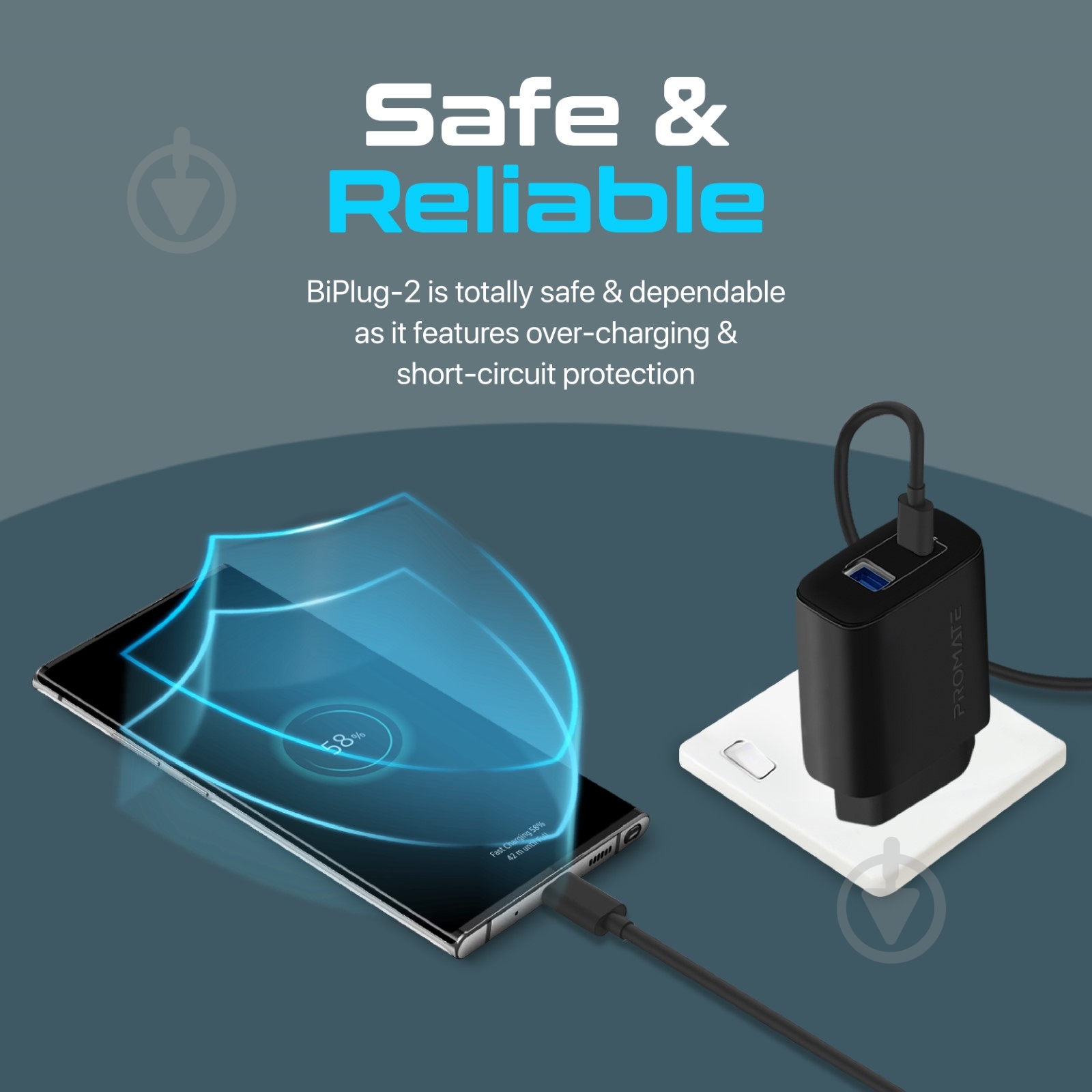 Сетевое зарядное устройство Promate Biplug-2 17 Вт USB-C+USB-A - фото 5