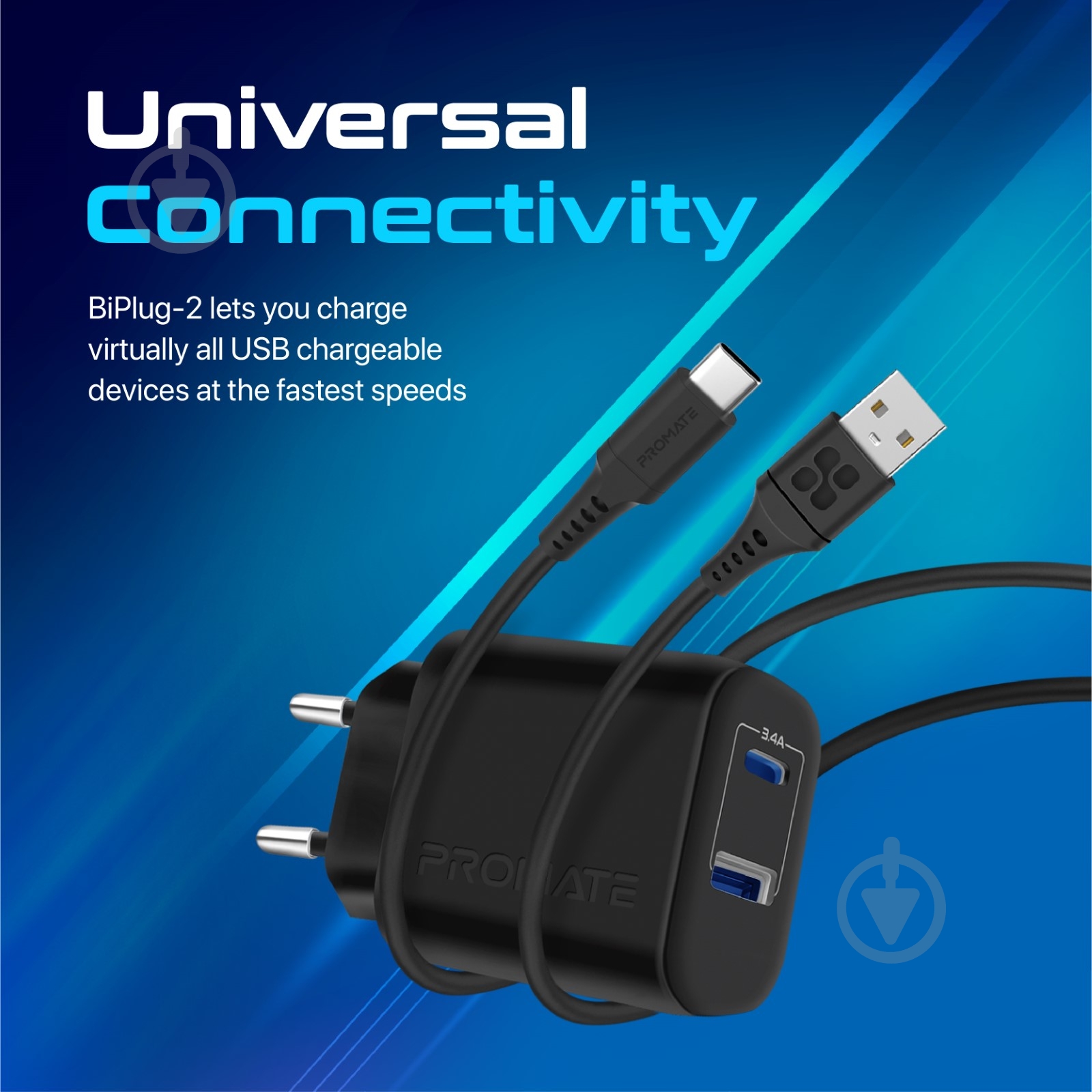 Сетевое зарядное устройство Promate Biplug-2 17 Вт USB-C+USB-A - фото 6
