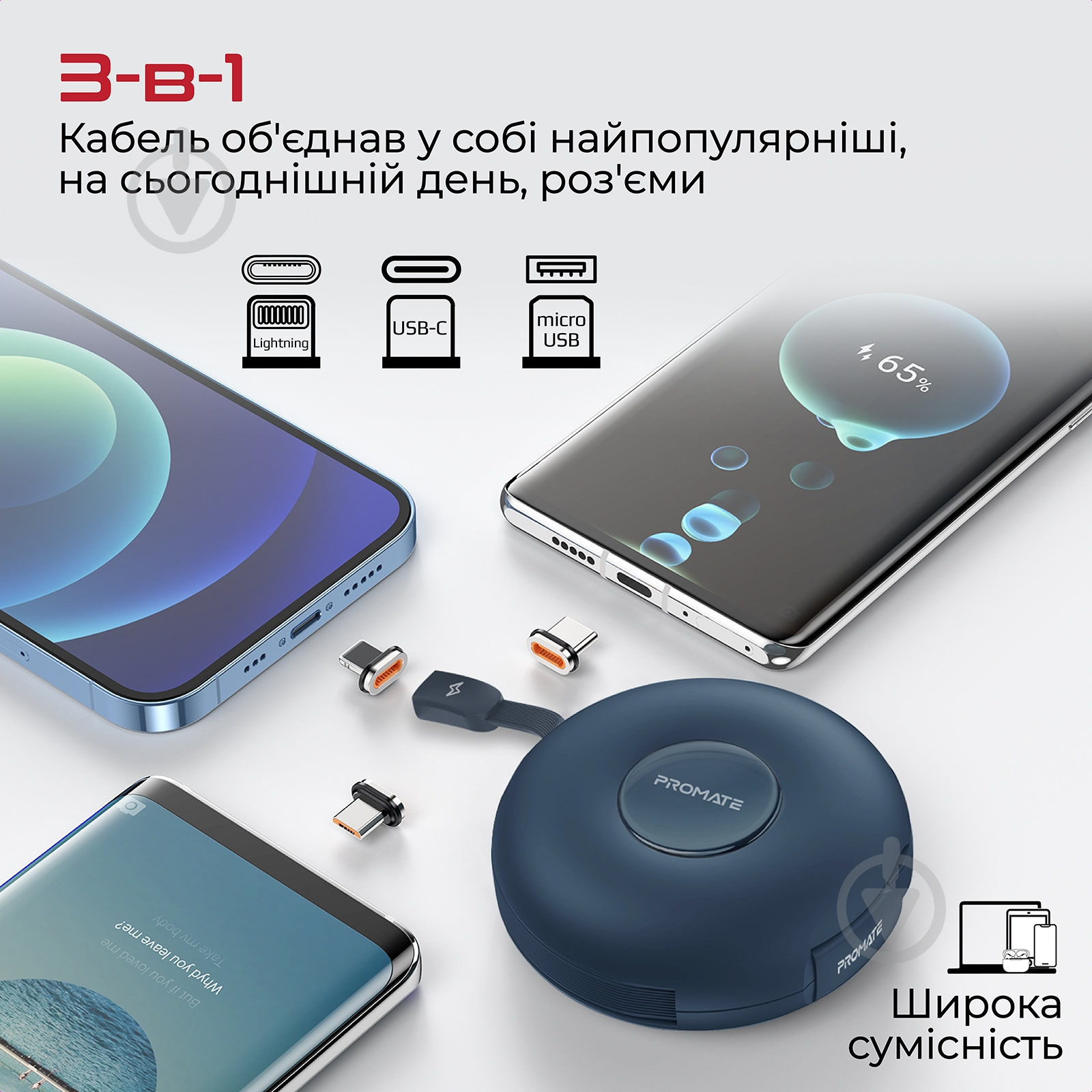Кабель Promate магнитный Quiver USB-C to USB-C/Lightning/microUSB 1 м 1 м синий (quiver.blue) - фото 3