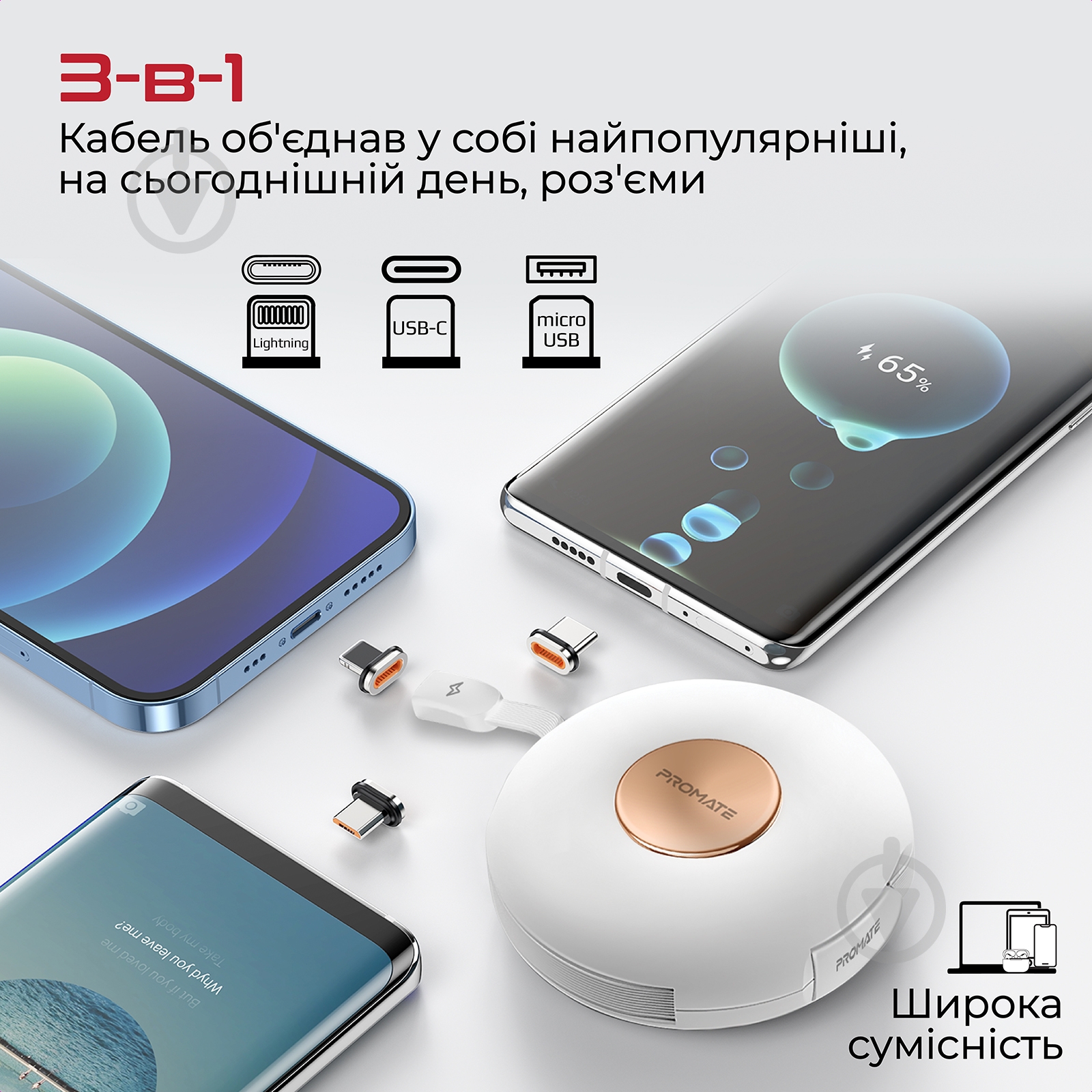 Кабель Promate магнітний Quiver USB-C to USB-C/Lightning/microUSB 1 м 1 м білий (quiver.white) - фото 3