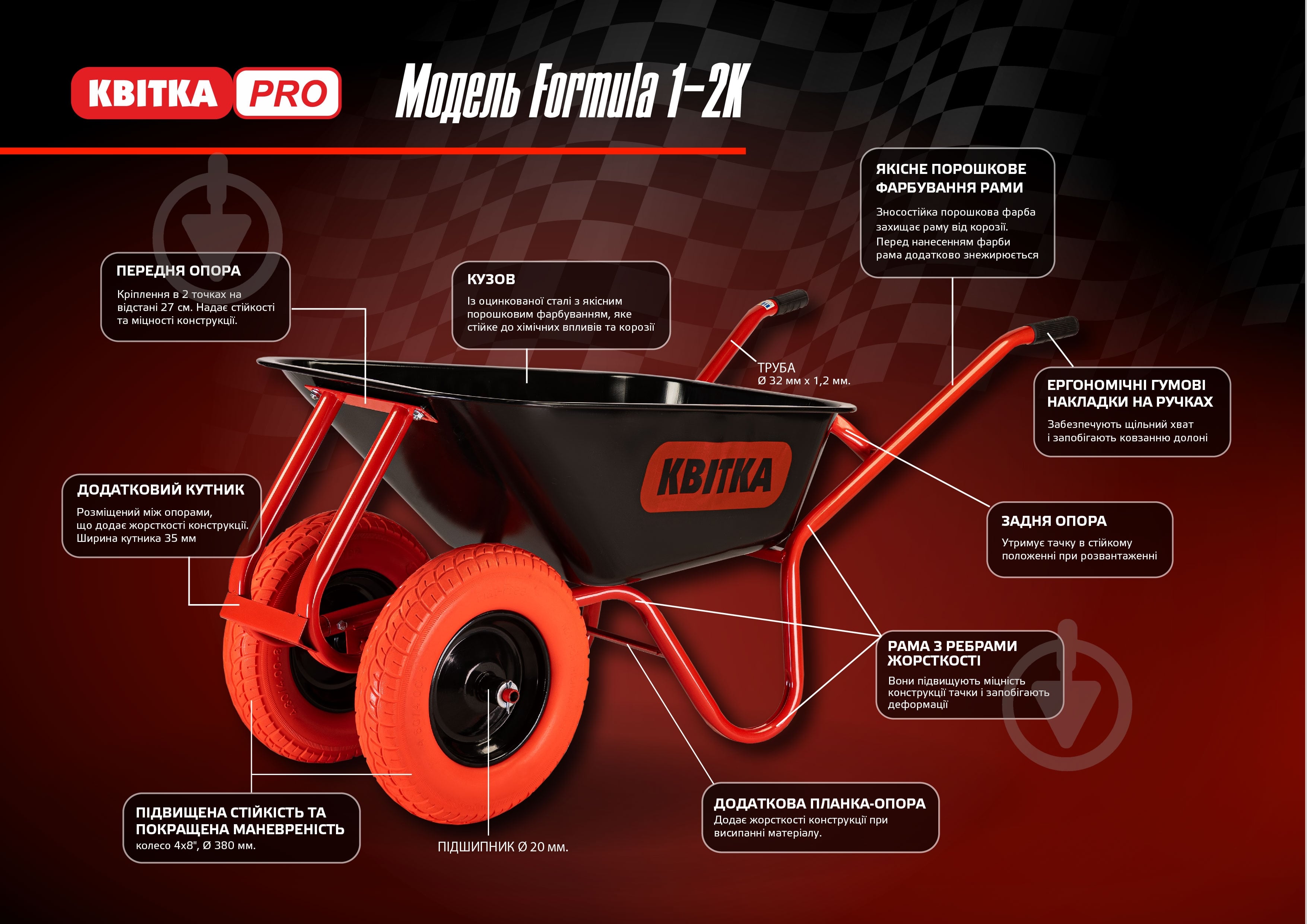 ᐉ Тачка двухколесная КВІТКА PRO 100 л до 180 кг Formula 1