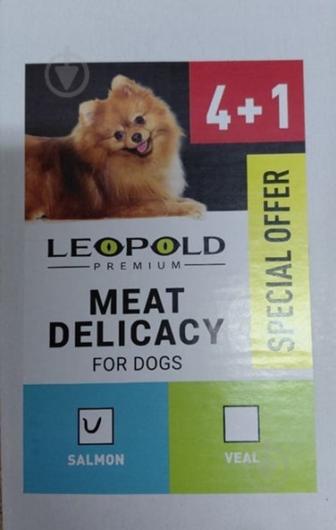Корм вологий Леопольд делікатес м'ясний для собак з лососем Premium 4+1 100 г - фото 1 Корм вологий Леопольд делікатес м'ясний для собак з лососем Premium 4+1 100 г - фото 1