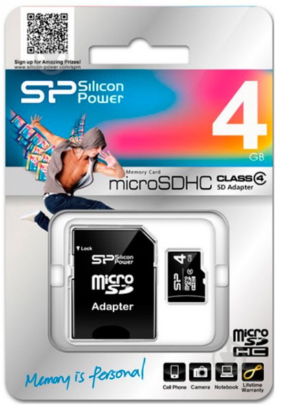Флеш память USB Silicon Power MicroSDHC 4GB Class 4 + SD-adapter - фото 2 Флеш память USB Silicon Power MicroSDHC 4GB Class 4 + SD-adapter - фото 2