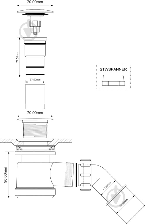 Сифон для поддона McAlpine d50мм, выс. 90мм, крыш. "Клик-клак" латунь хром 70мм, выпуск 40/50, HC26CLCP - фото 3