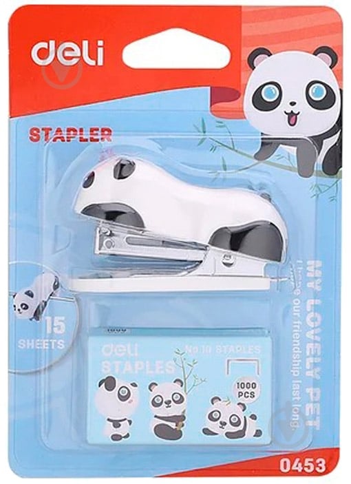 Степлер 0453E №10 Панда со скобами Deli - фото 4