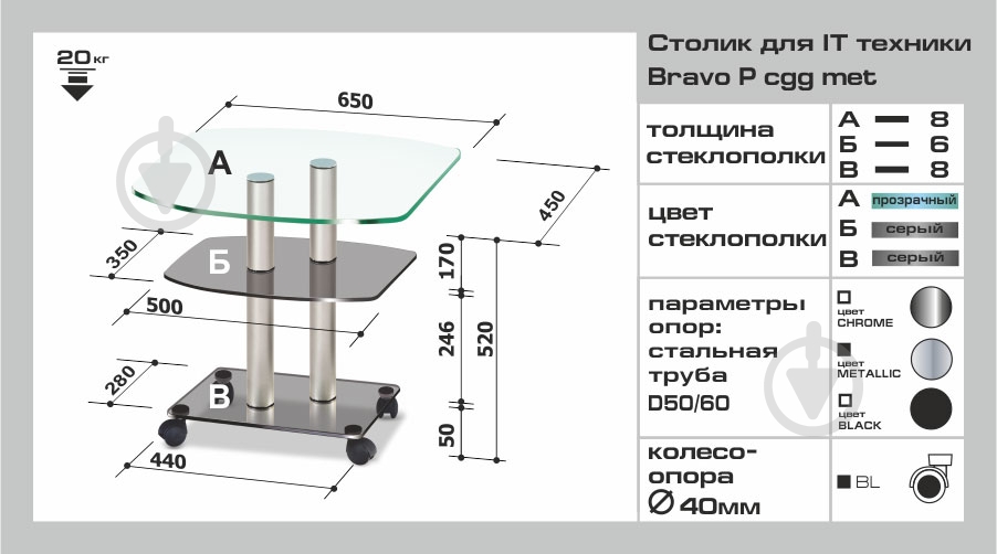Стол для IT-техники Bravo Р cgg met 450x650x520 мм Commus - фото 2 Стол для IT-техники Bravo Р cgg met 450x650x520 мм Commus - фото 2
