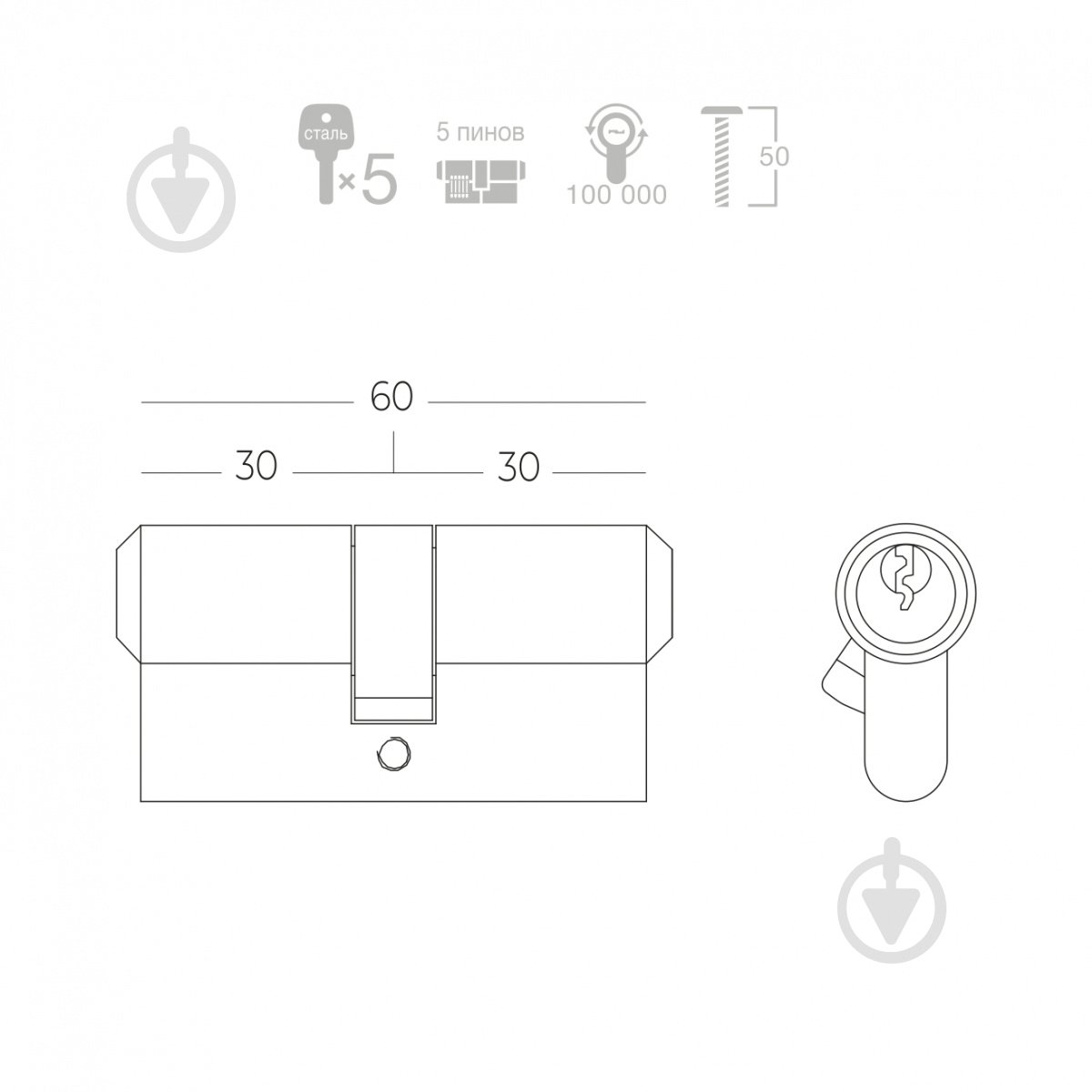 Цилиндр Linde 30x30 ключ-ключ 60 мм черный A5E - фото 2 Цилиндр Linde 30x30 ключ-ключ 60 мм черный A5E - фото 2