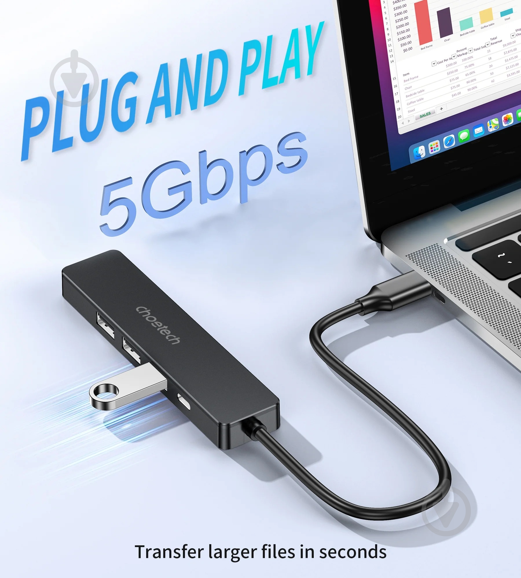 Док-станция Choetech USB-C 5 в 1 black (HUB-M80-BK) - фото 3 Док-станция Choetech USB-C 5 в 1 black (HUB-M80-BK) - фото 3
