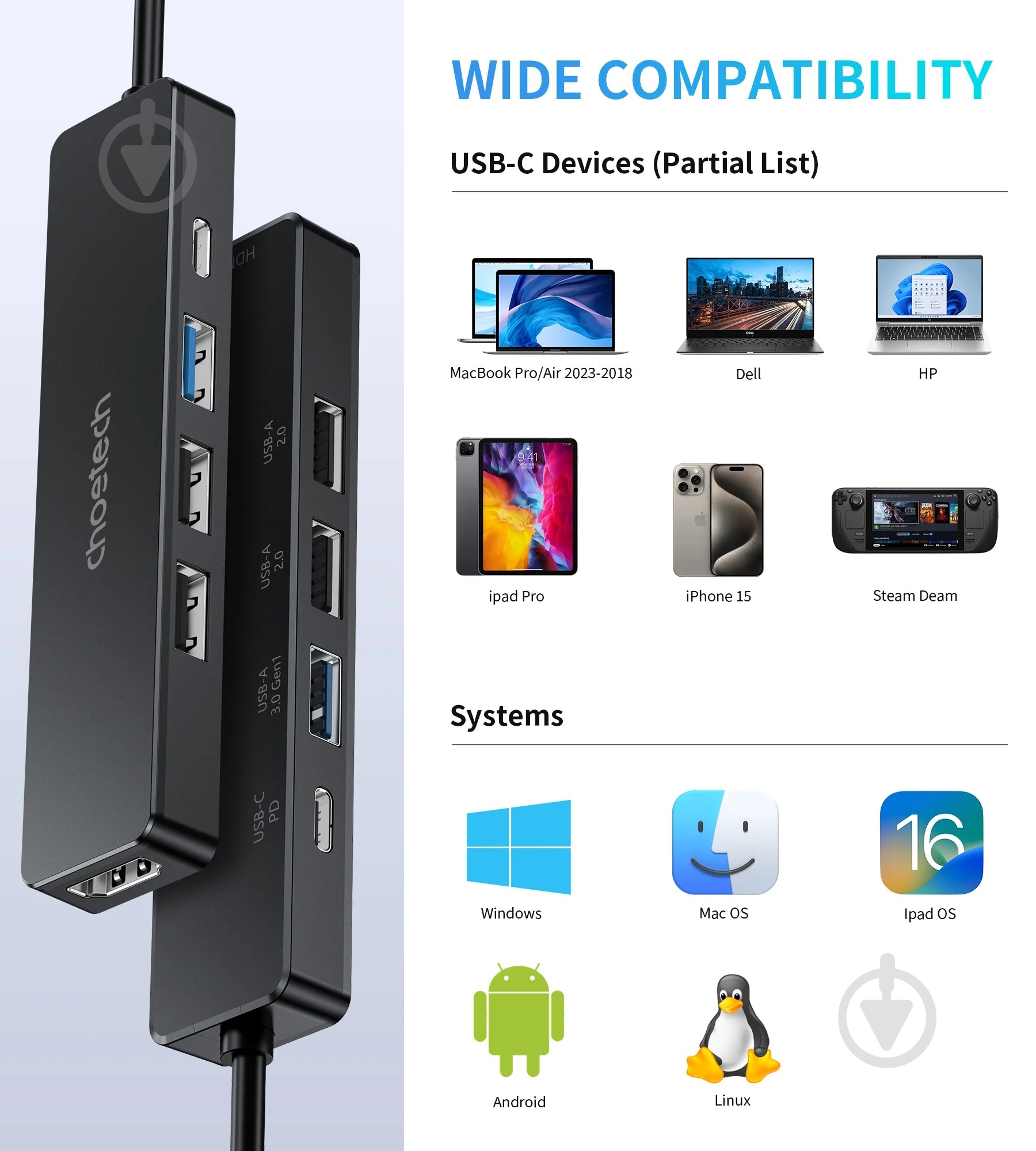 Док-станция Choetech USB-C 5 в 1 black (HUB-M80-BK) - фото 4 Док-станция Choetech USB-C 5 в 1 black (HUB-M80-BK) - фото 4