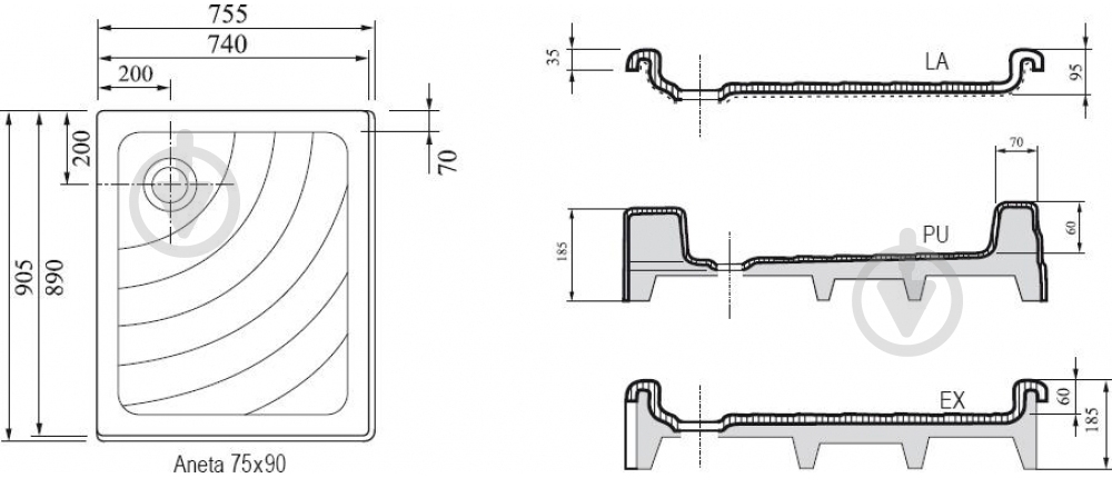 Поддон Ravak Aneta 75x90 EX-R - фото 2 Поддон Ravak Aneta 75x90 EX-R - фото 2