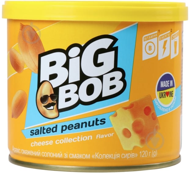 Арахіс смажений Big Bob солоний в банці зі смаком сиру 120 г - фото 1 Арахіс смажений Big Bob солоний в банці зі смаком сиру 120 г - фото 1