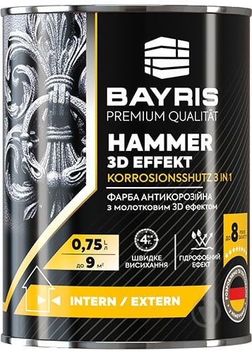 Емаль антикорозійна Bayris HAMMER 3D EFFEKT фактурно-чорний глянець 0,75 л - фото 1