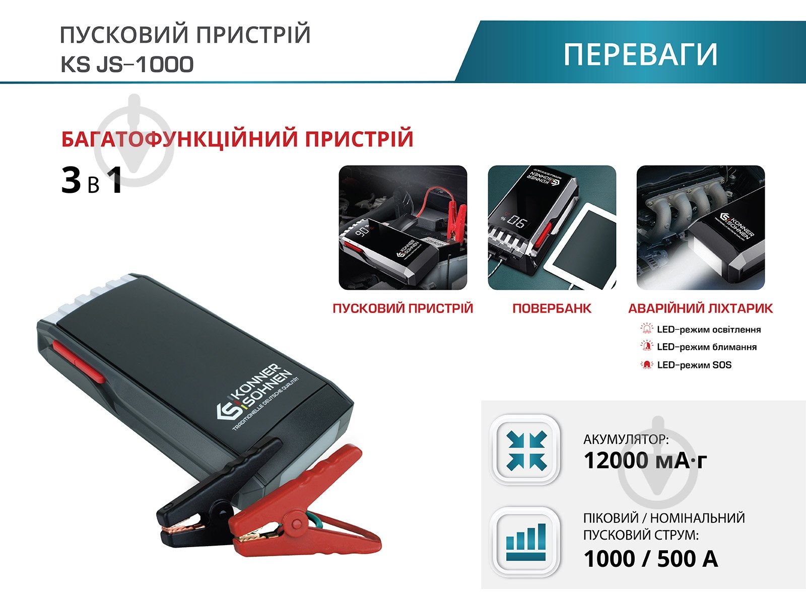 Пусковое устройство Konner&Sohnen 500 А 12000 А/год (KS JS-1000) - фото 5