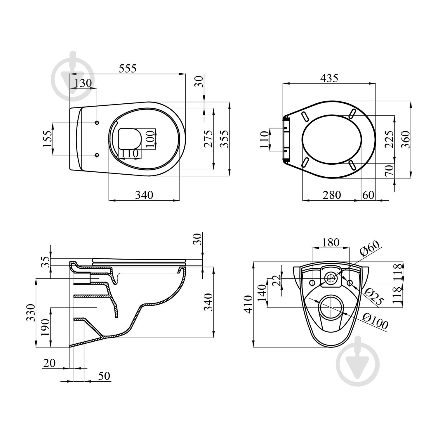 Унітаз підвісний Kroner безобідковий Oker WHI533536 RIMLESS з сидінням (KO533536WHIR) - фото 5