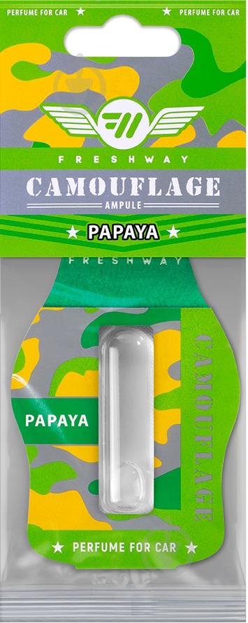 Ароматизатор подвесной FRESHWAY Camouflage Ampule (Папая) PAPAYA 4,5 мл - фото 1 Ароматизатор подвесной FRESHWAY Camouflage Ampule (Папая) PAPAYA 4,5 мл - фото 1