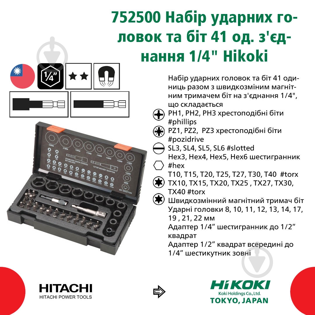 Набор принадлежностей Hitachi 752500 41 предмет с битодержателем ипереходником в пластиковом кейсе 41 шт. 752500 - фото 3