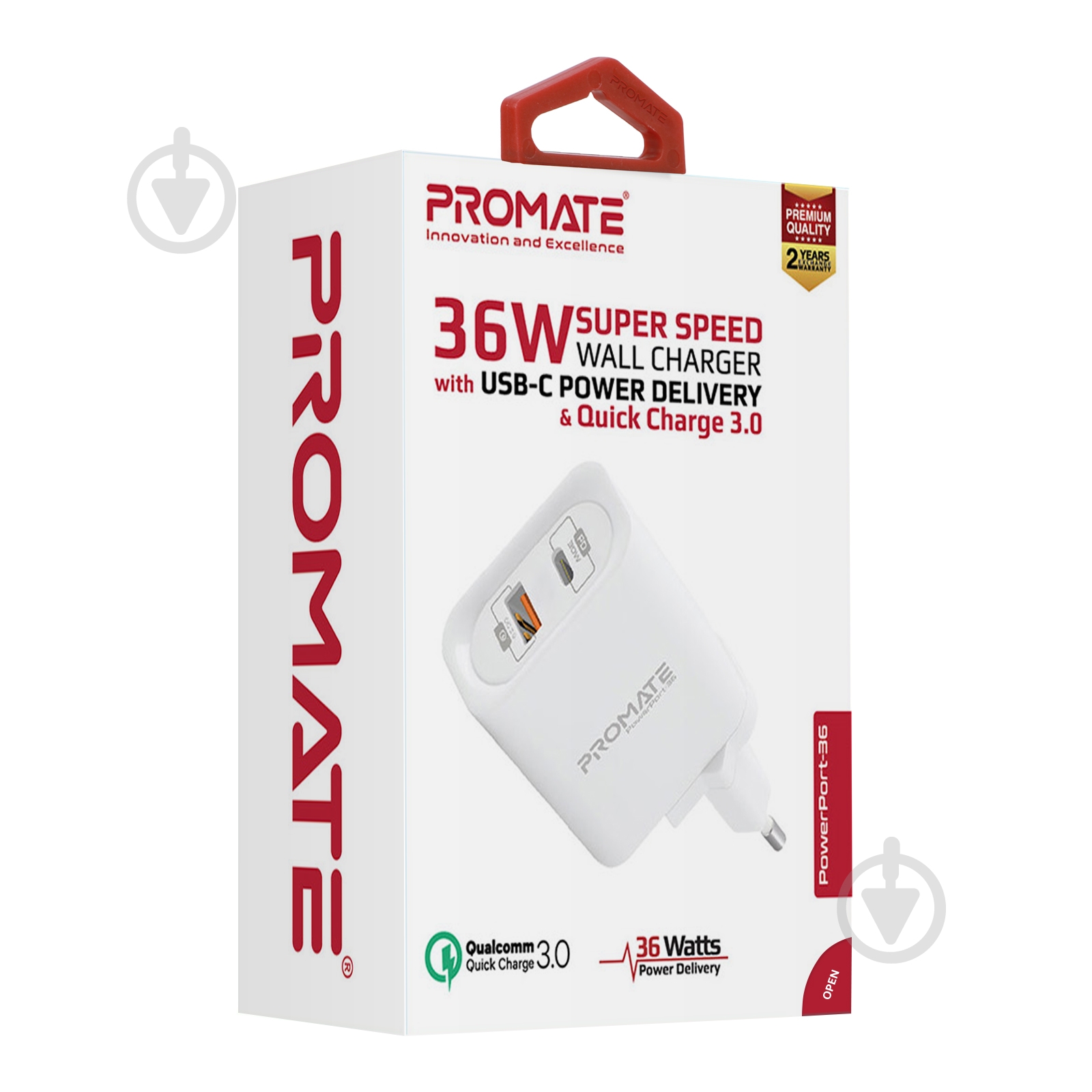 Зарядное устройство Promate PowerPort-36 36Вт Type-C PD + USB QC3.0 White - фото 7