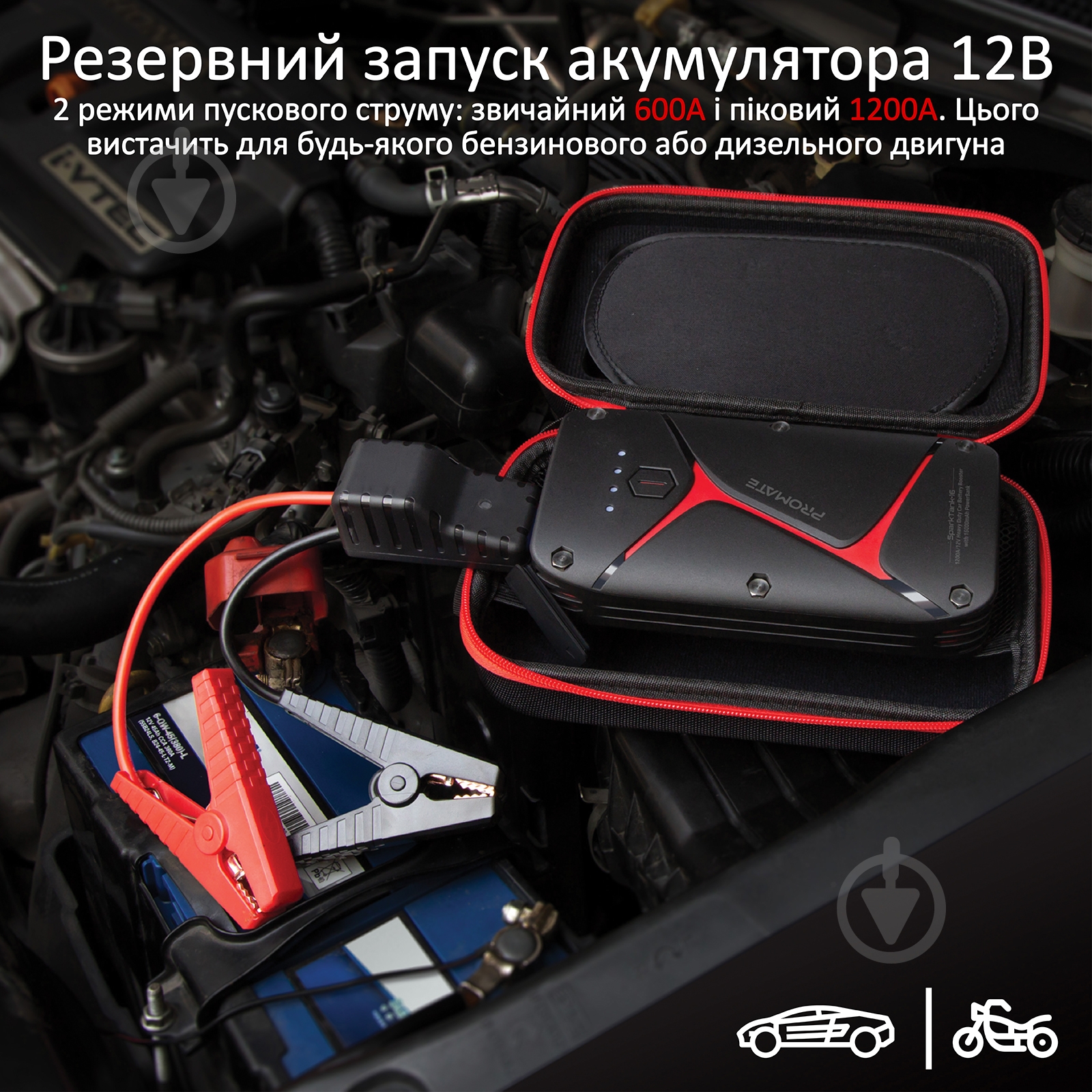 Пусковий пристрій автономний Promate SparkTank-16 16000 mAh 1200A Jump Starter 2xUSB 3.0А IP67 LED 600 А (sparktank-16. - фото 2