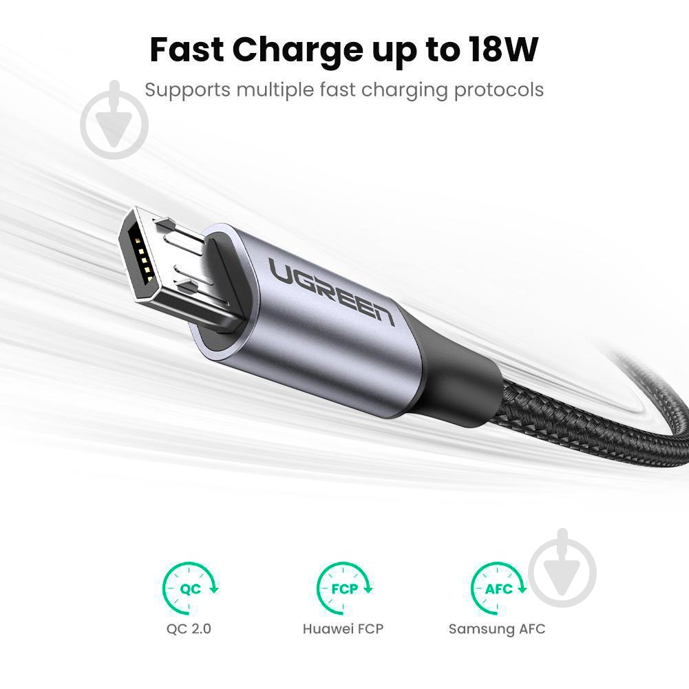 Кабель UGREEN USB - Micro USB Cable Aluminum Braid 5V2.4A 2 м black (60148) - фото 2