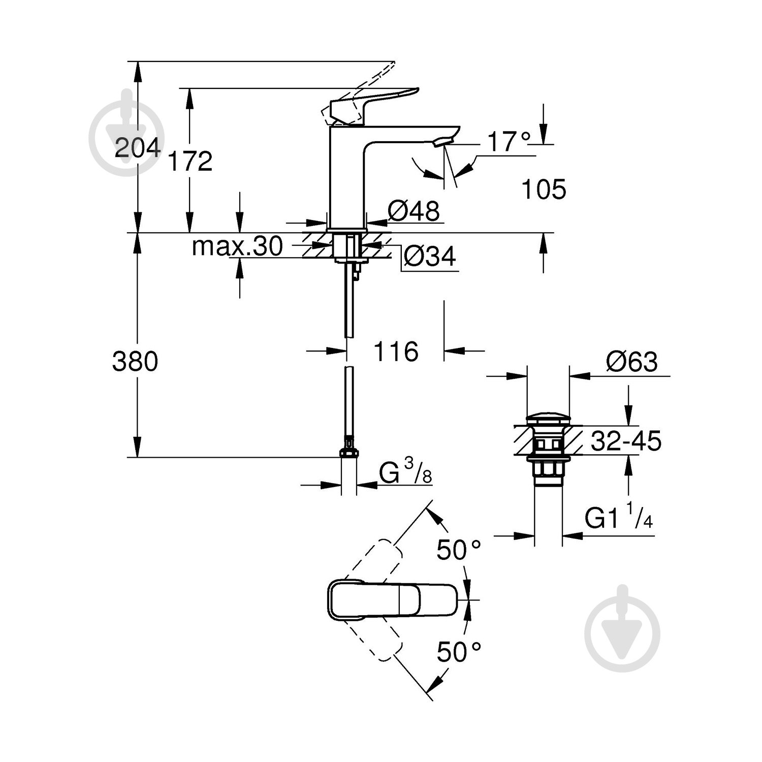 Змішувач для умивальника Grohe QuickFix Dice M-Size 1018332430 з донним клапаном - фото 2 Змішувач для умивальника Grohe QuickFix Dice M-Size 1018332430 з донним клапаном - фото 2