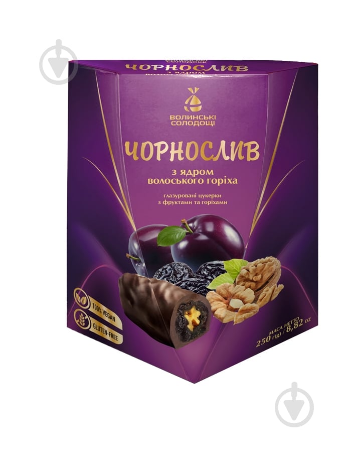 Конфеты глазированные Волинські солодощі Чернослив с ядром грецкого ореха 250 г - фото 1 Конфеты глазированные Волинські солодощі Чернослив с ядром грецкого ореха 250 г - фото 1