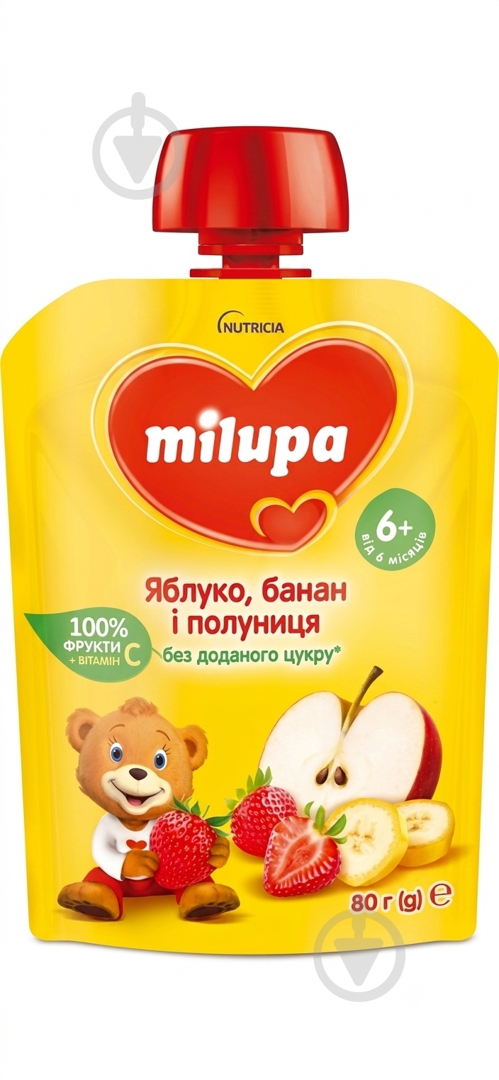 Пюре Milupa Яблоко, банан и клубника 80 г - фото 1 Пюре Milupa Яблоко, банан и клубника 80 г - фото 1