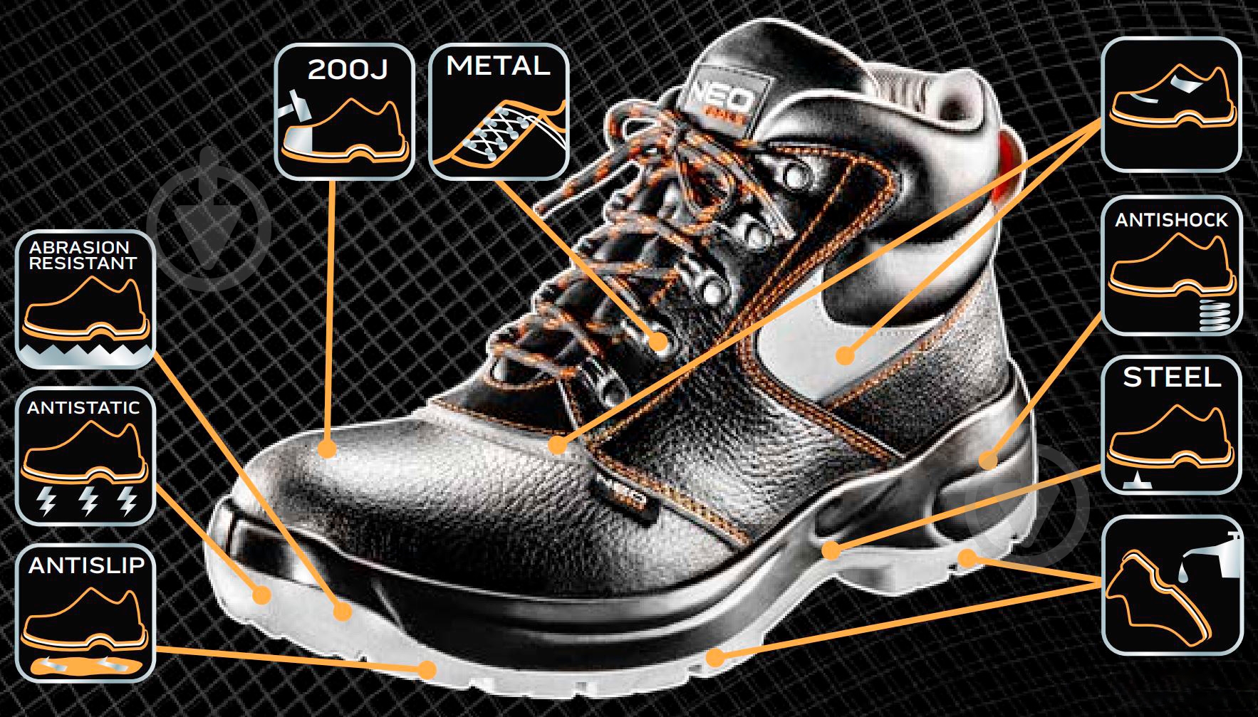 Ботинки рабочие NEO tools S1P SRA с металлическим подноском р.46 82-027 черный - фото 5 Ботинки рабочие NEO tools S1P SRA с металлическим подноском р.46 82-027 черный - фото 5