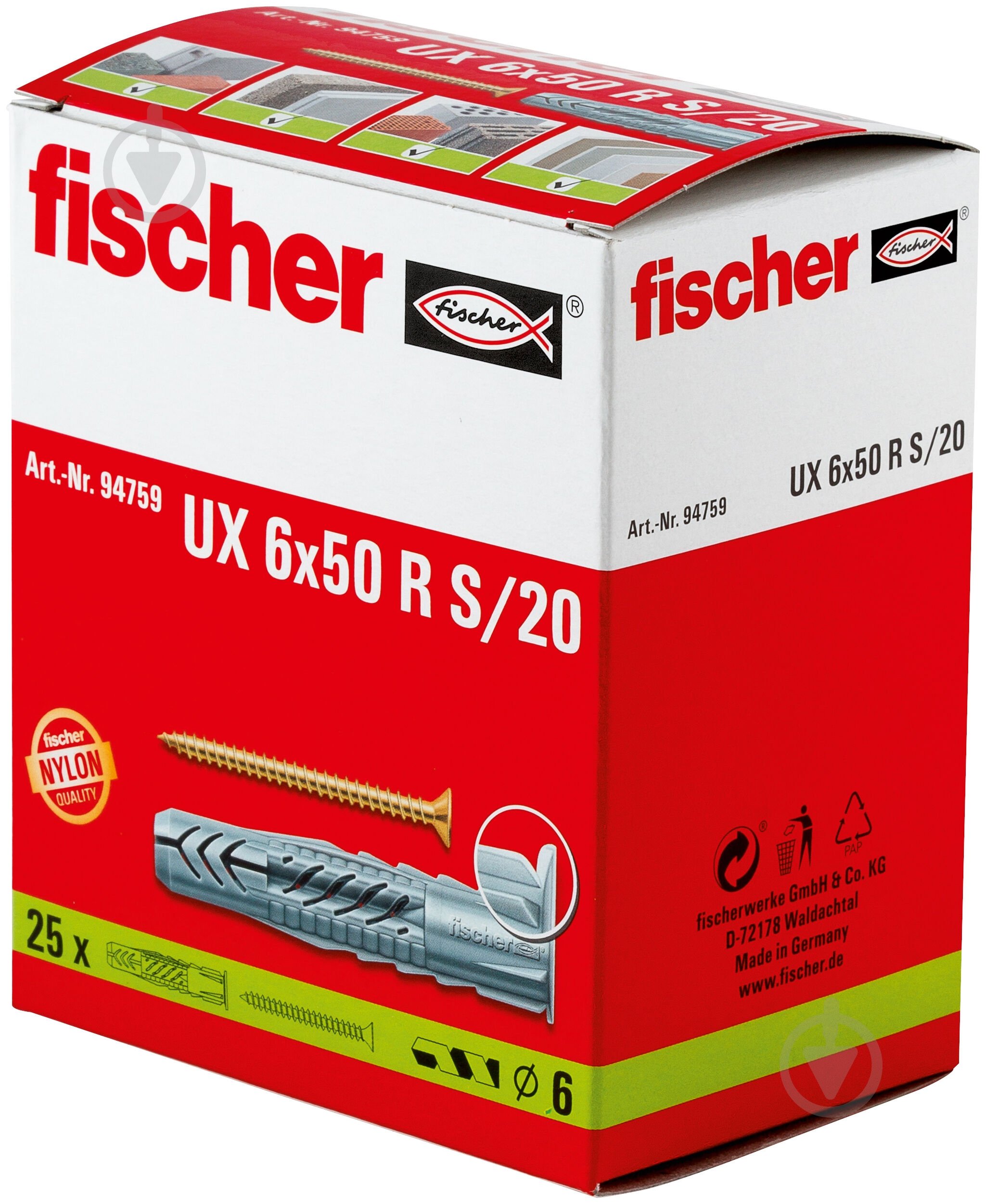 Дюбель універсальний дюбель UX 6x50/20 з буртом і з шурупом fischer 6x50 мм 25 шт. (94759) - фото 2 Дюбель універсальний дюбель UX 6x50/20 з буртом і з шурупом fischer 6x50 мм 25 шт. (94759) - фото 2