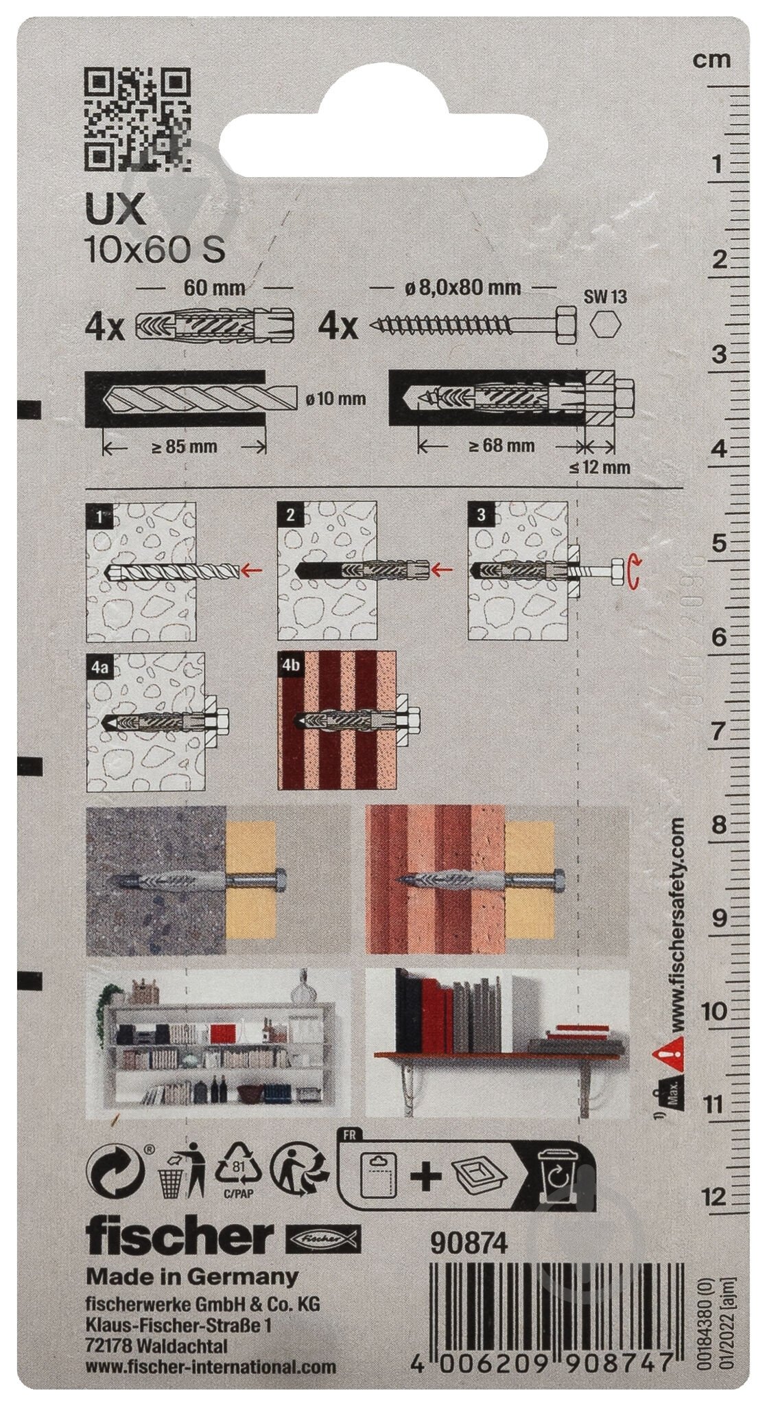 Дюбель универсальный дюбель UX 10x60 без бурта с шурупом FISCHER 10x60 мм 4 шт. (90874) - фото 3