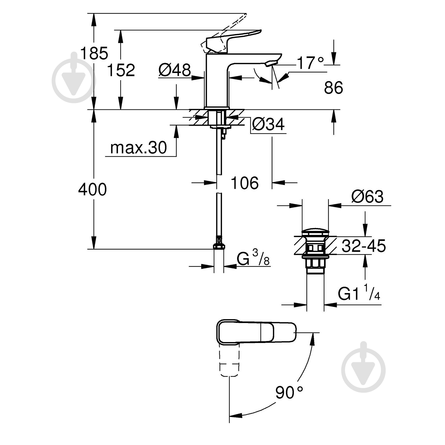 Змішувач для умивальника Grohe QuickFix Dice ES S-Size 1018612430 з донним клапаном - фото 9