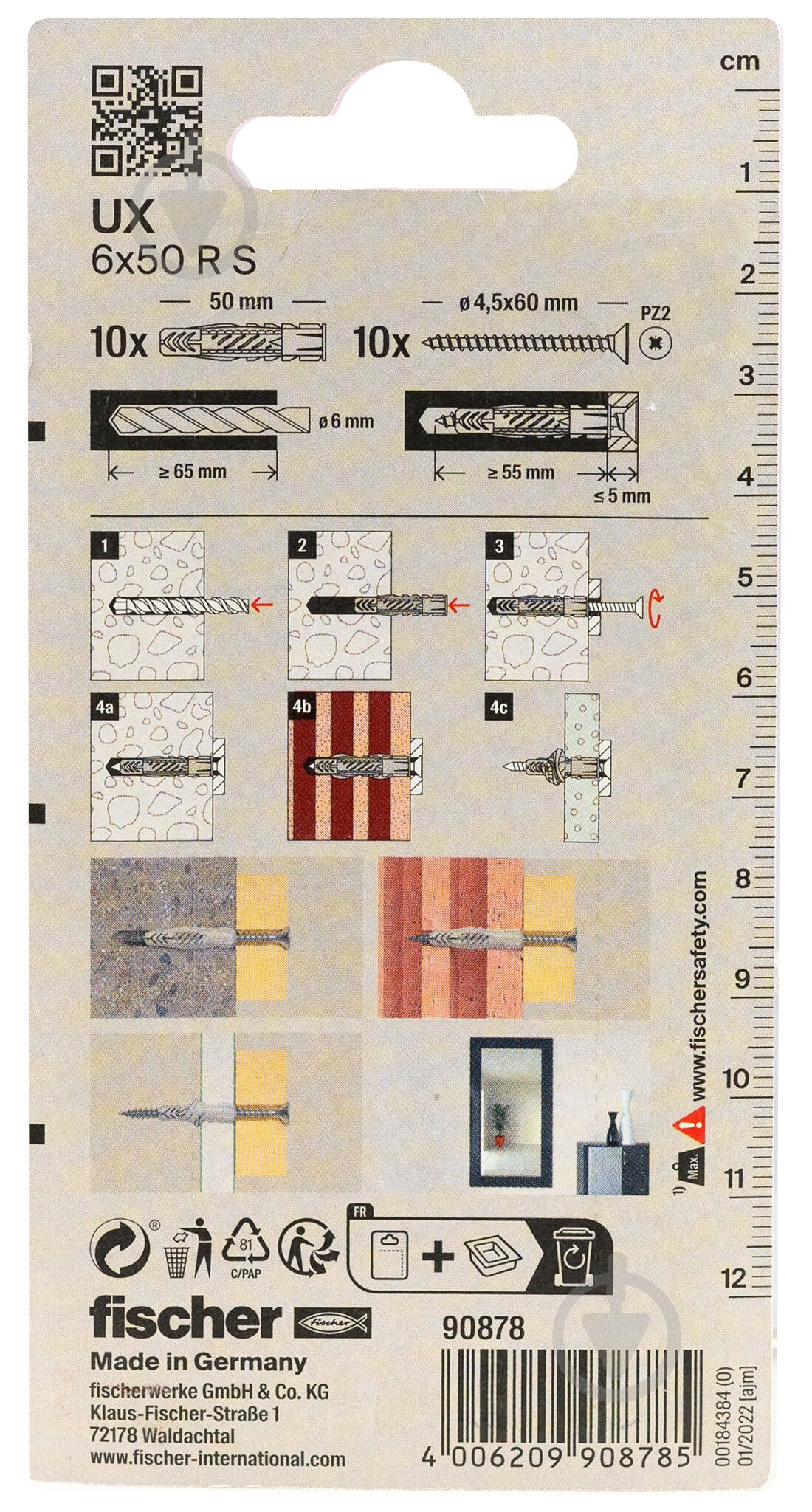 Дюбель универсальный дюбель UX 6x50 с буртом и с шурупом FISCHER 6x50 мм 10 шт. (90878) - фото 3 Дюбель универсальный дюбель UX 6x50 с буртом и с шурупом FISCHER 6x50 мм 10 шт. (90878) - фото 3