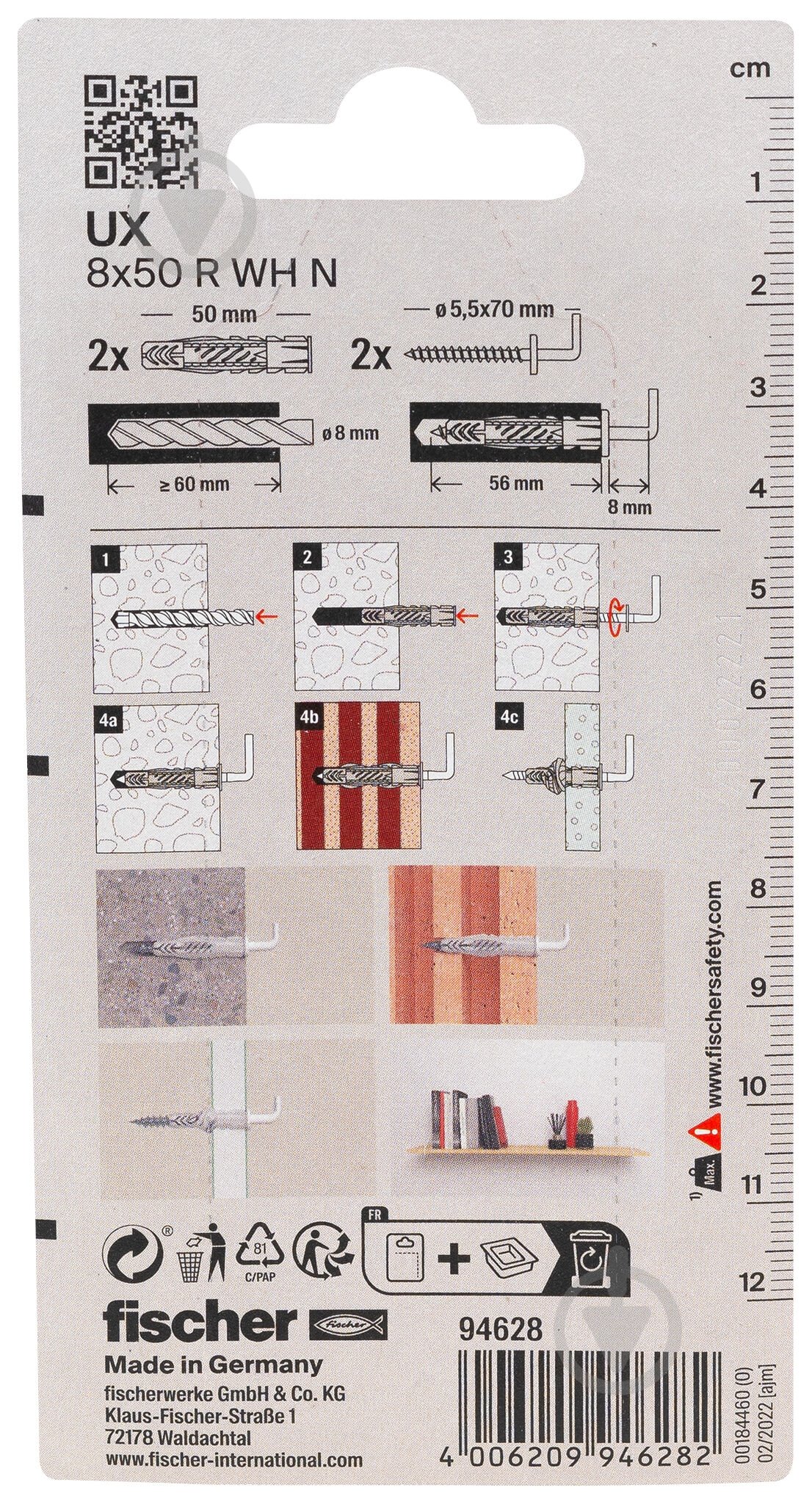 Дюбель универсальный дюбель UX 8x50 с буртом с L-гаком fischer 8x50 мм 2 шт. (94628) - фото 3