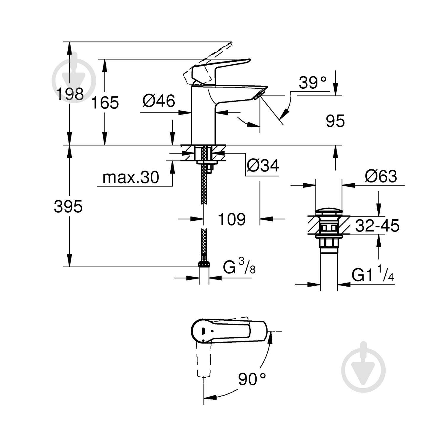 Змішувач для умивальника Grohe QuickFix Start S-Size 23551002 з донним клапаном - фото 2 Змішувач для умивальника Grohe QuickFix Start S-Size 23551002 з донним клапаном - фото 2