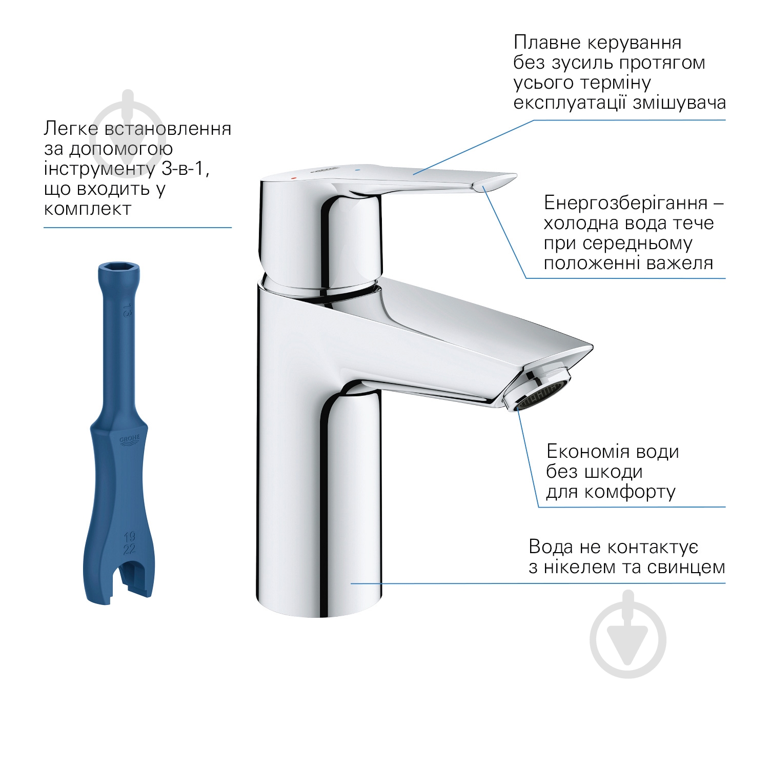 Змішувач для умивальника Grohe QuickFix Start S-Size 23551002 з донним клапаном - фото 5 Змішувач для умивальника Grohe QuickFix Start S-Size 23551002 з донним клапаном - фото 5