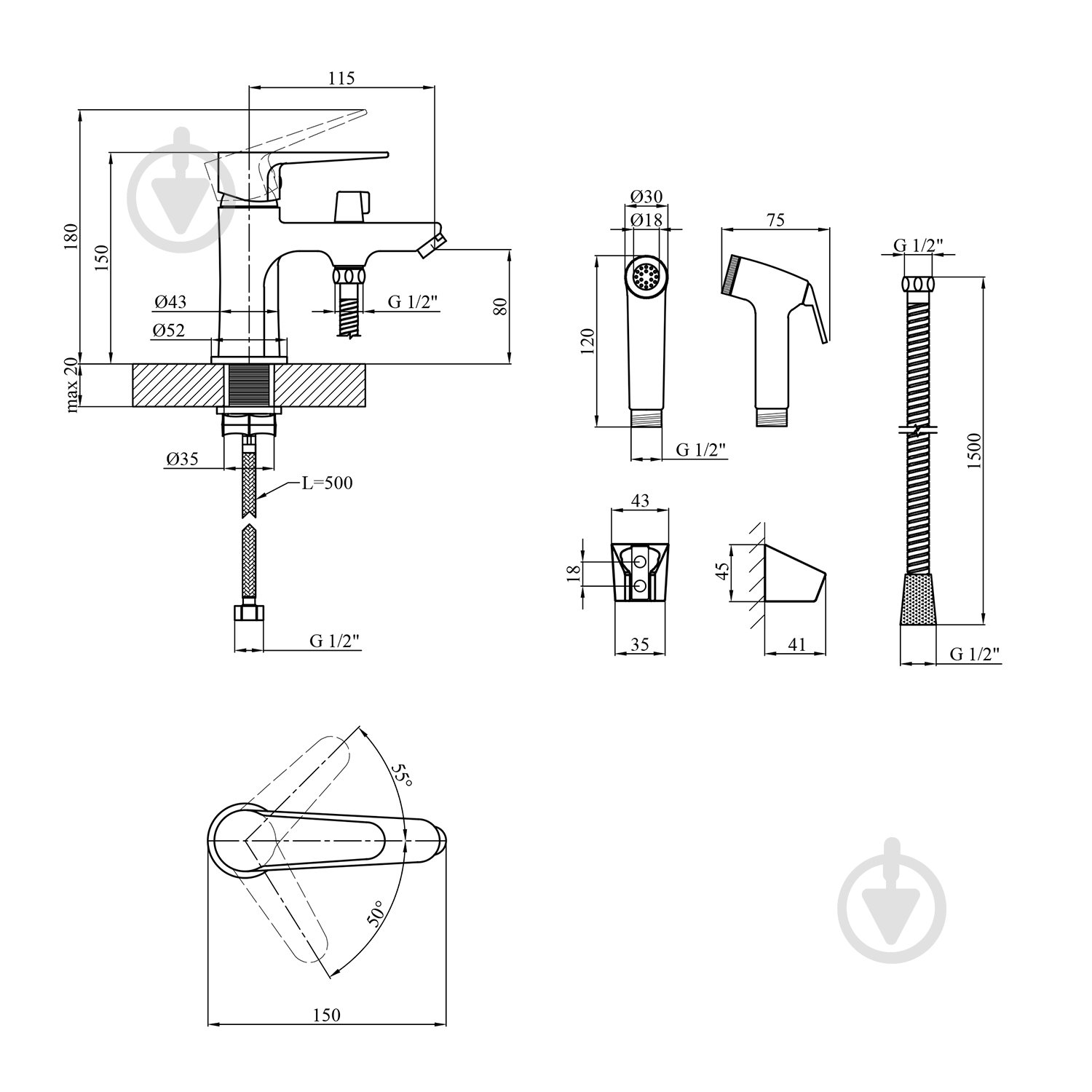 Змішувач для умивальника Kroner KRM Elbe - C015 з гігієнічним душем - фото 2 Змішувач для умивальника Kroner KRM Elbe - C015 з гігієнічним душем - фото 2