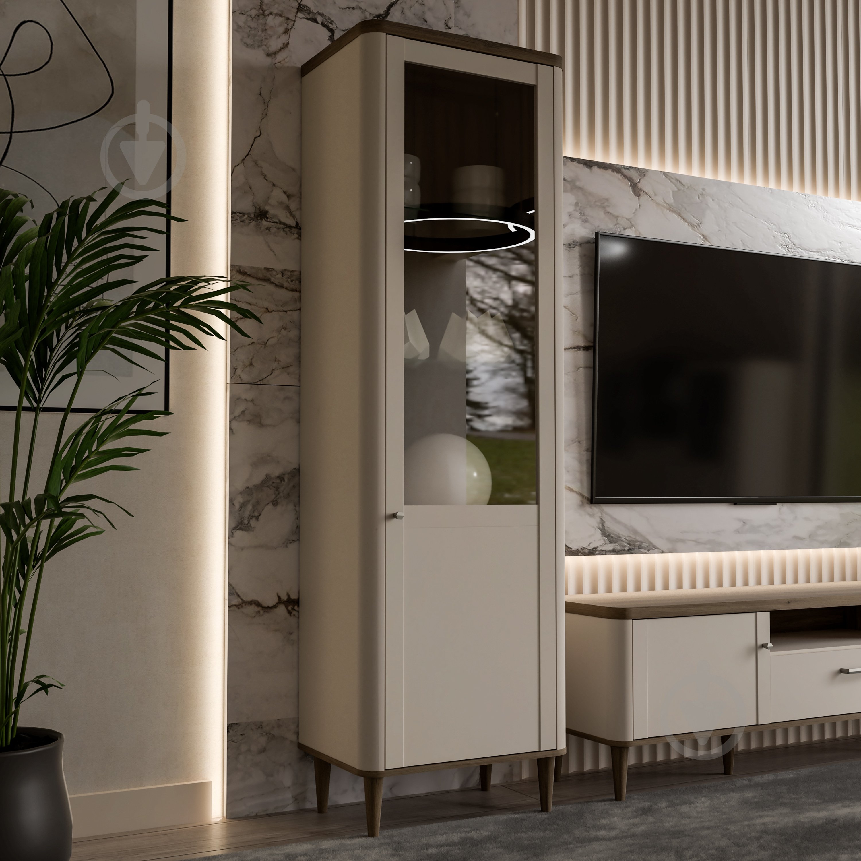 Шафа-вітрина Forte Meble 1d LACETTI 2005х604х412 мм дуб валенсія / бежевий - фото 5 Шафа-вітрина Forte Meble 1d LACETTI 2005х604х412 мм дуб валенсія / бежевий - фото 5