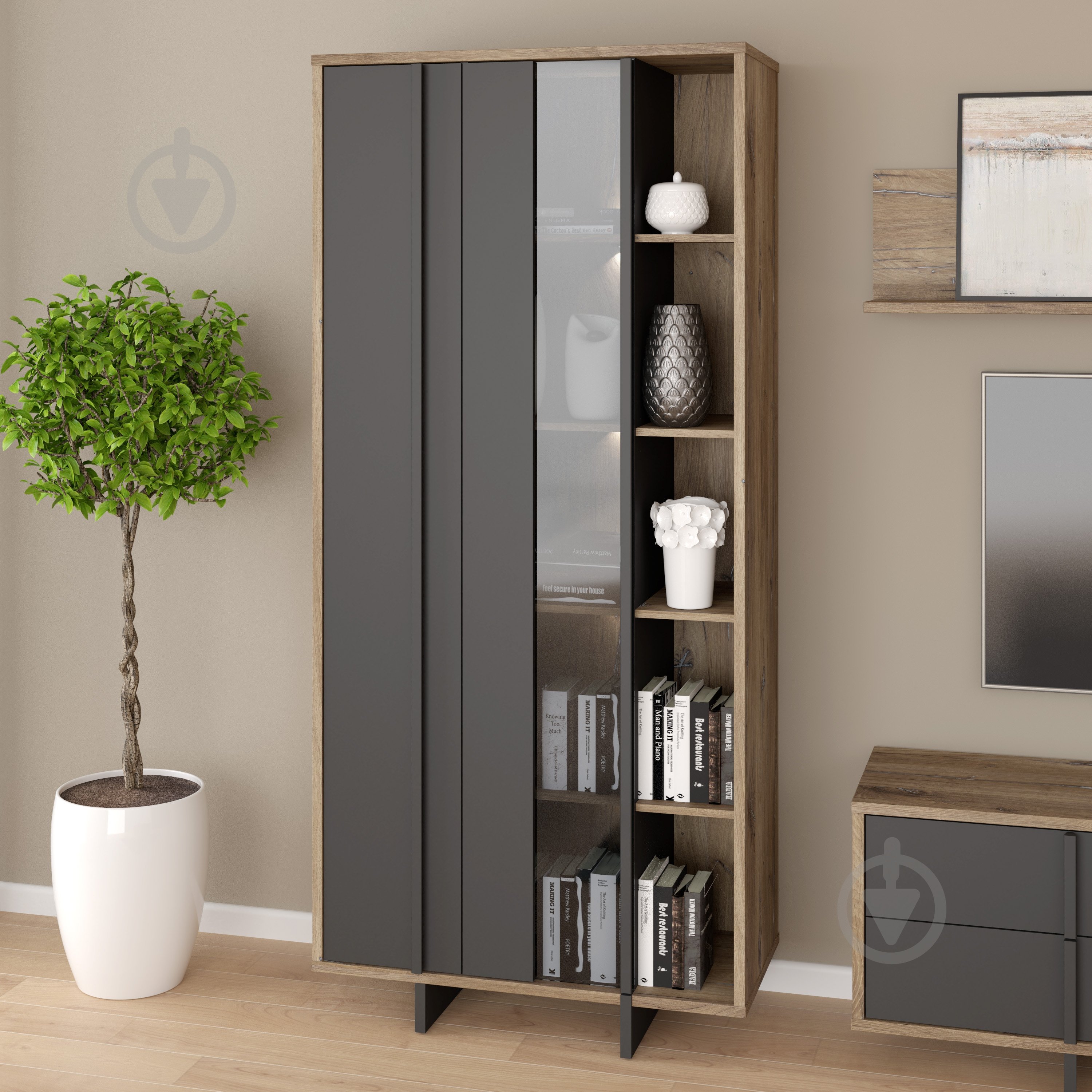 Шафа-вітрина Forte Meble JOKKAZ 1977х896х420 мм чорний / дуб флагстафф / чорний - фото 7 Шафа-вітрина Forte Meble JOKKAZ 1977х896х420 мм чорний / дуб флагстафф / чорний - фото 7