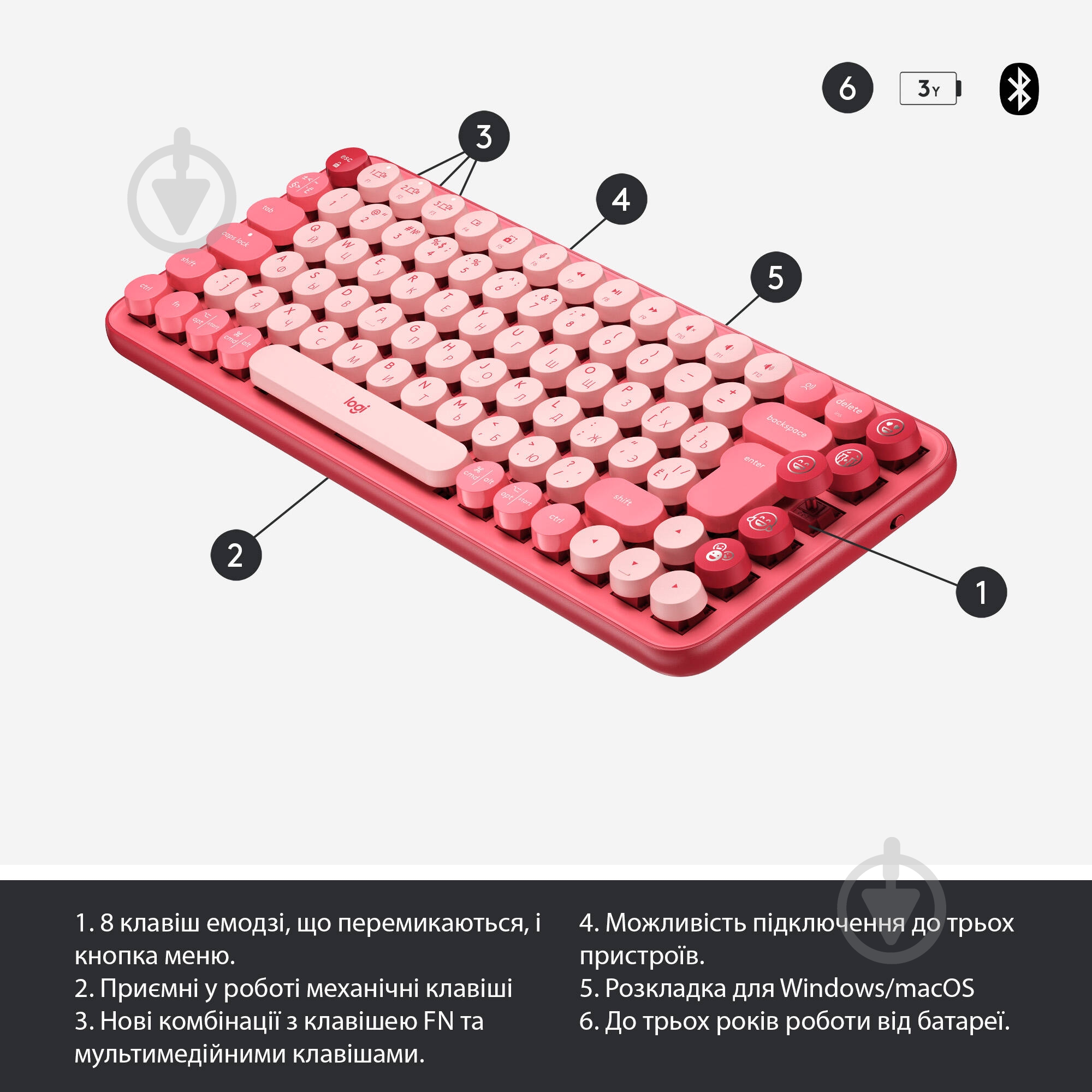 Клавіатура Logitech POP Keys Wireless Mechanical Keyboard With Emoji Keys heartbreaker rose (920-010718) - фото 6
