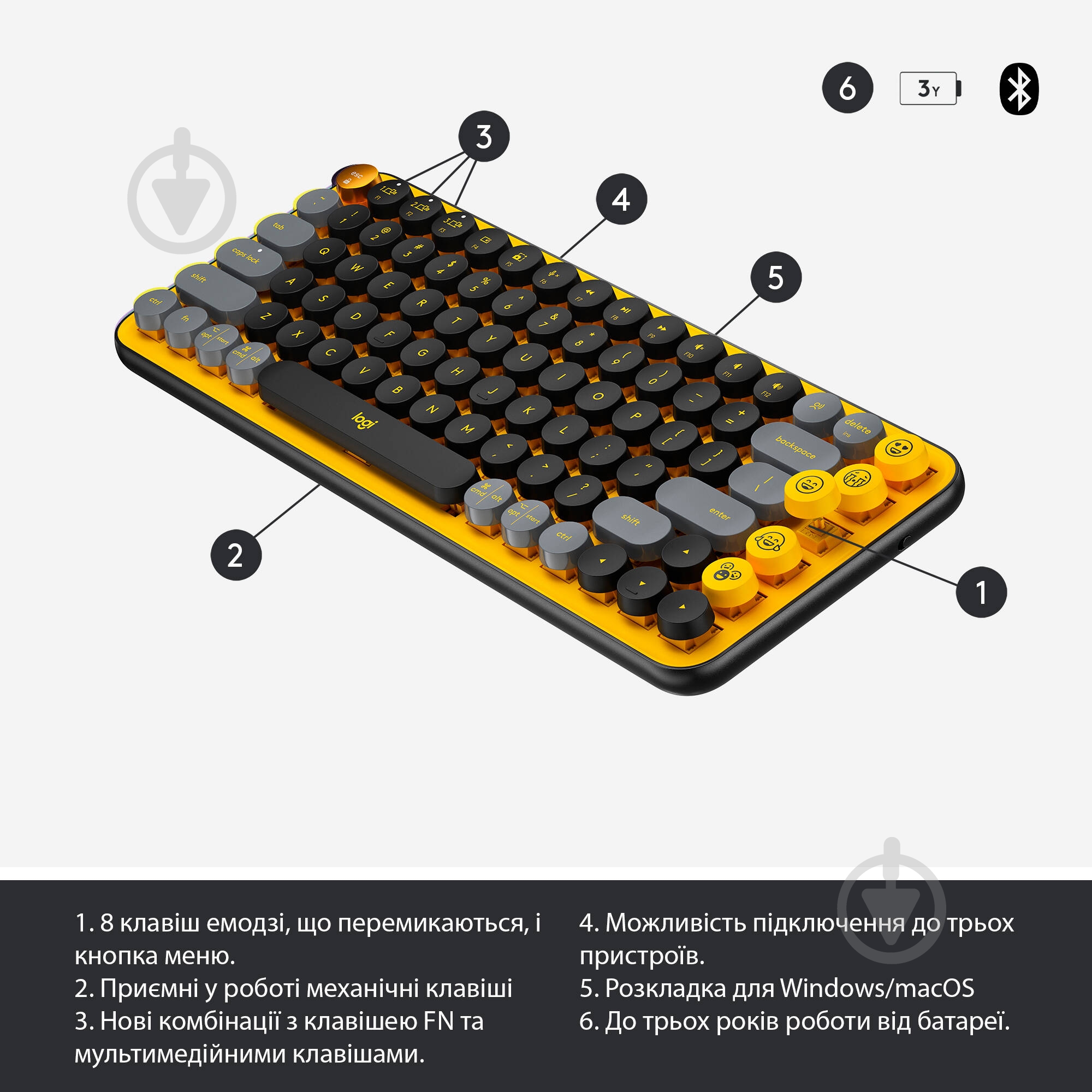 Клавиатура Logitech POP Keys Wireless Mechanical Keyboard With Emoji Keys blast yellow (920-010716) - фото 6
