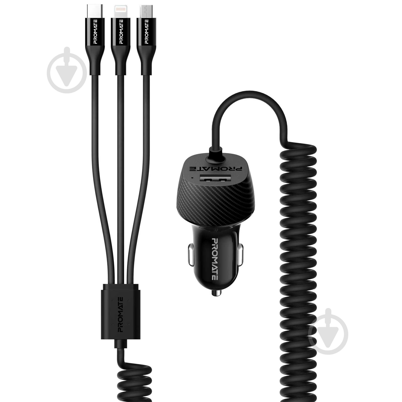 Автомобільний зарядний пристрій Promate Voltrip-UNI 17Вт USB + Multi-Connector Black - фото 1