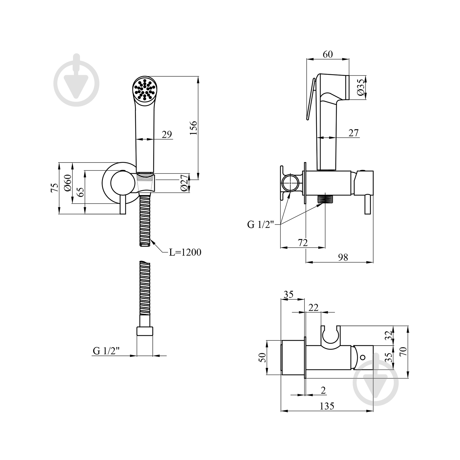 Набір для гігієнічного душу Kroner скрытого монтажа зі змішувачем KRP Bidet - C082 - фото 2