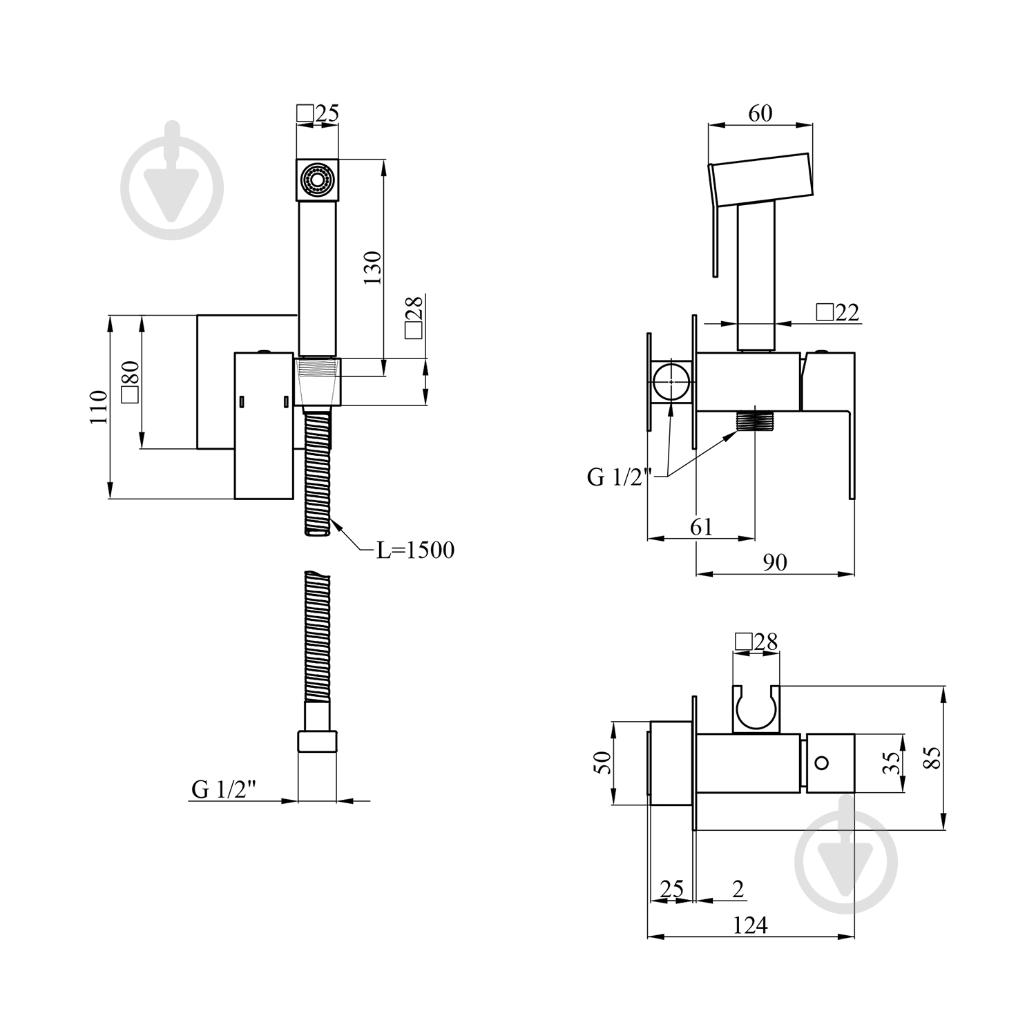 Набор для гигиенического душа Kroner скрытого монтажа с смесителем KRP Edelstahl Kubus - SCH053 - фото 2