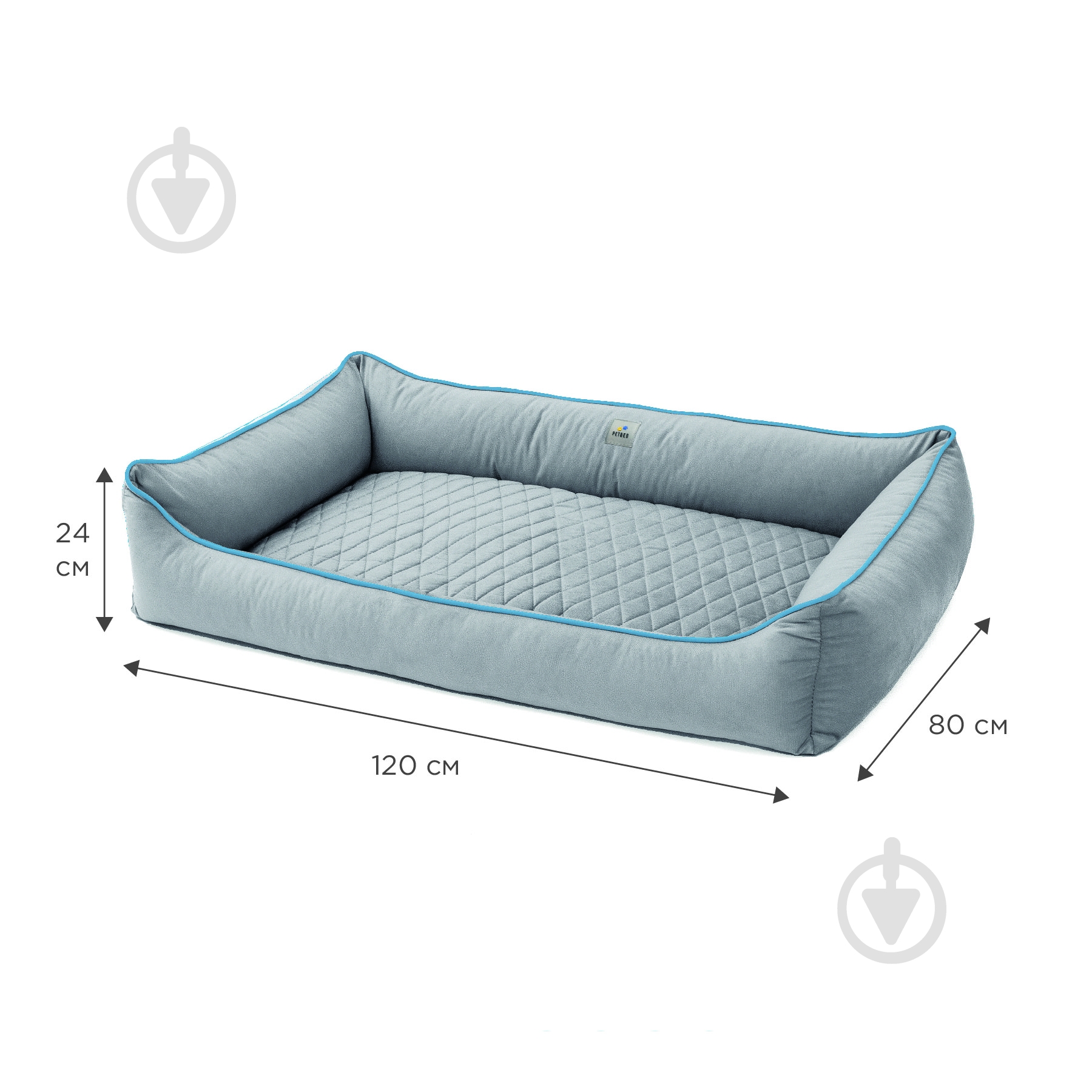 Лежак PETBED Лакки 3XL 120х80 см h-24 см велюр серый/кант голубой - фото 2 Лежак PETBED Лакки 3XL 120х80 см h-24 см велюр серый/кант голубой - фото 2