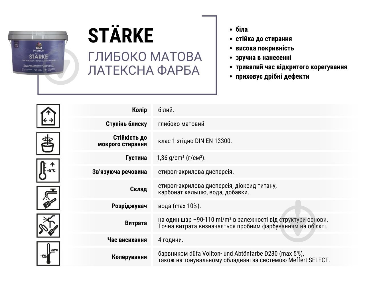 Фарба латексна Dufa PREMIUM Starke P 101 глибокий мат білий 10 л - фото 2
