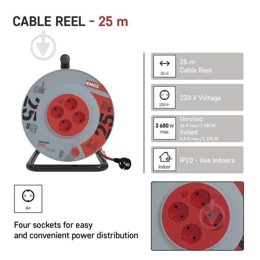 Подовжувач на котушці Emos із заземленням 4 гн. синій 25 м P09225M - фото 4 Подовжувач на котушці Emos із заземленням 4 гн. синій 25 м P09225M - фото 4