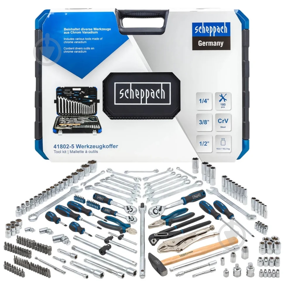 Набор ручного инструмента Scheppach 1/4''3/8''1/2'' 180 шт. SCH-41802-5 - фото 1 Набор ручного инструмента Scheppach 1/4''3/8''1/2'' 180 шт. SCH-41802-5 - фото 1