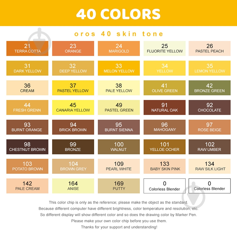 Набор спиртовых маркеров Arrtx OROS ASM-03YL 40 цветов, желтые оттенки LC302499 - фото 4 Набор спиртовых маркеров Arrtx OROS ASM-03YL 40 цветов, желтые оттенки LC302499 - фото 4
