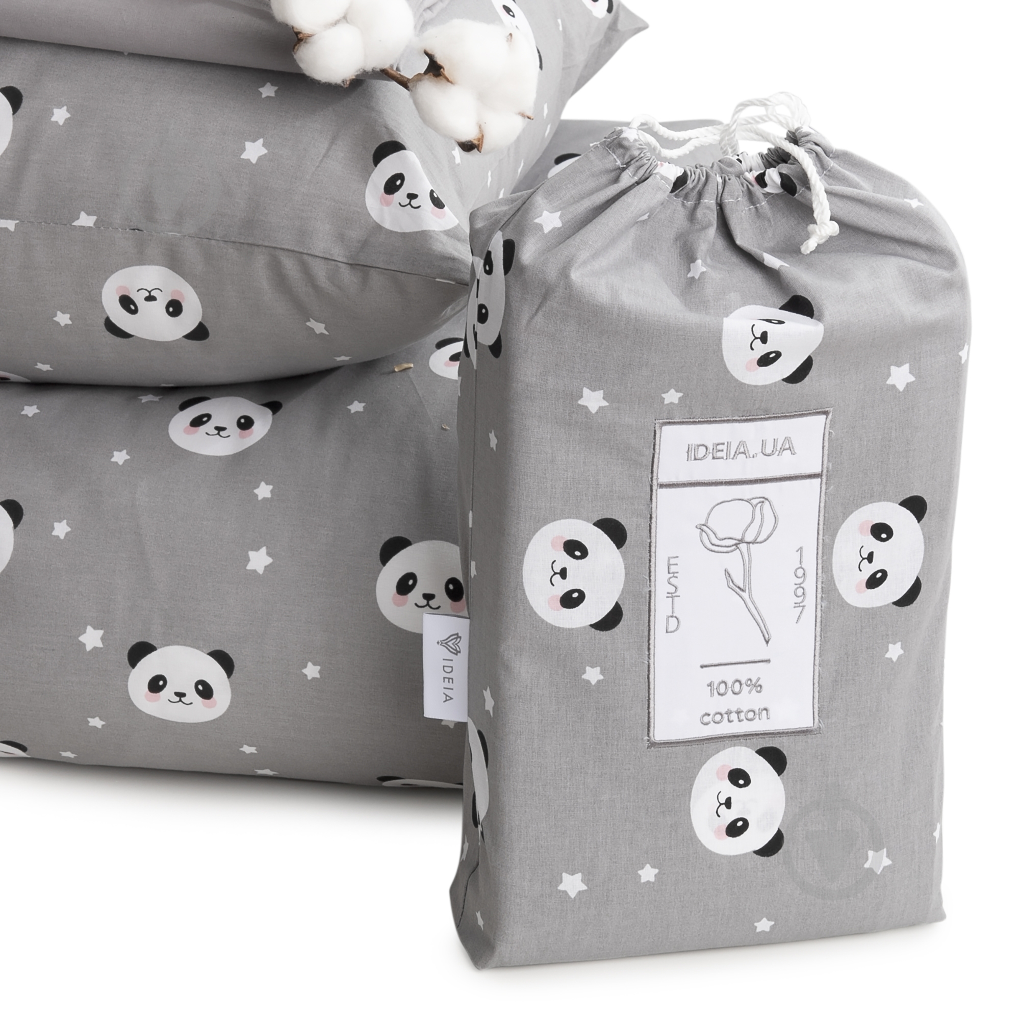 Комплект постельного белья IDEIA полуторный Ранфорс Панда серый 4820227285167 - фото 1